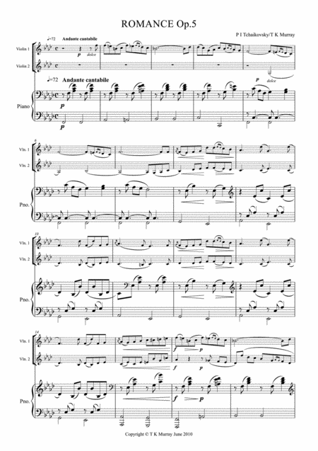 Tchaikovsky Romance Op 5 2 Violins Violin Duo Violin Group Piano Sheet Music