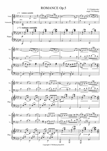 Tchaikovsky Romance Op 5 Piano Trio Violin Cello Piano Sheet Music