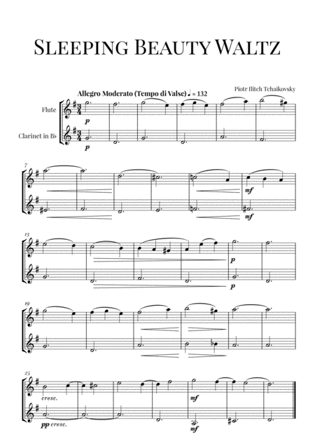 Free Sheet Music Tchaikovsky Sleeping Beauty Waltz For Flute And Clarinet In Bb Duet Woodwind Duet