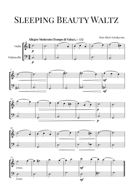 Tchaikovsky Sleeping Beauty Waltz For Violin And Cello String Duet Sheet Music