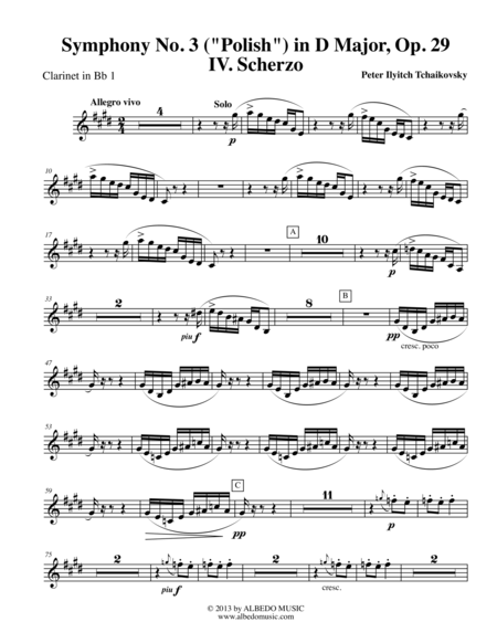 Tchaikovsky Symphony No 3 Movement Iv Clarinet In Bb 1 Transposed Part Op 29 Sheet Music