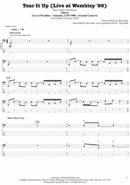 Free Sheet Music Tear It Up Live Wembley 86 Queen John Deacon Complete And Accurate Bass Transcription Whit Tab