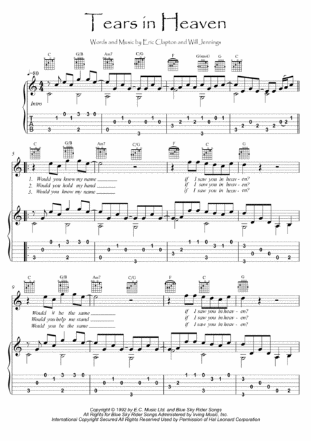 Tears In Heaven Guitar Fingerstyle Sheet Music