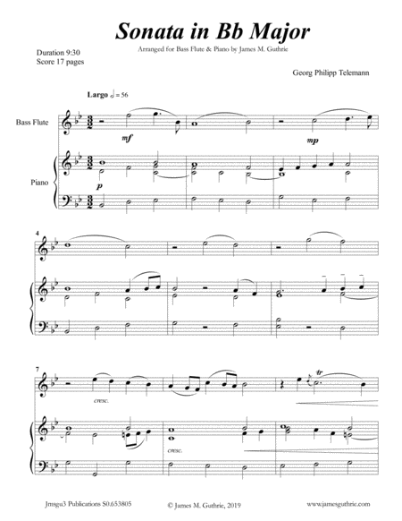 Telemann Sonata In Bb Major For Bass Flute Piano Sheet Music