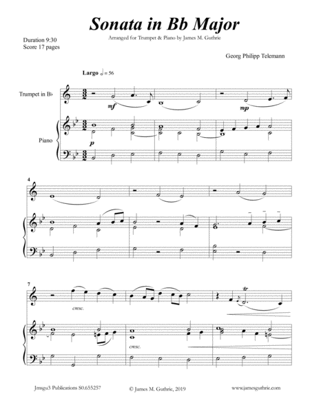 Telemann Sonata In Bb Major For Trumpet Piano Sheet Music