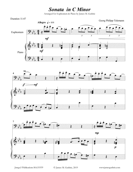 Free Sheet Music Telemann Sonata In C Minor For Euphonium Piano