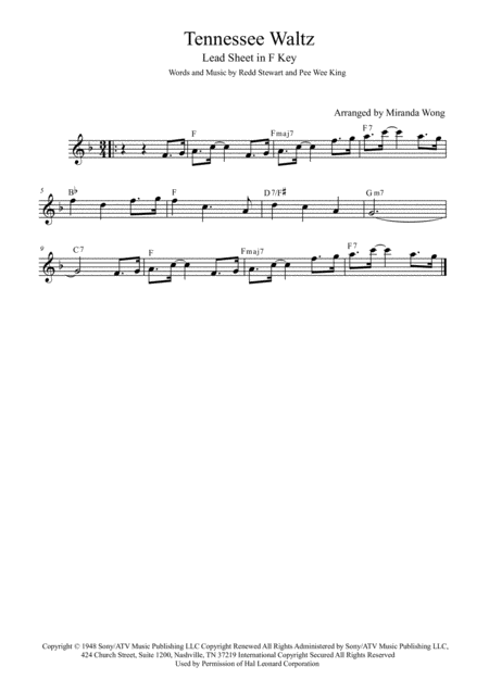 Tennessee Waltz Lead Sheet In 3 Keys With Chords Sheet Music