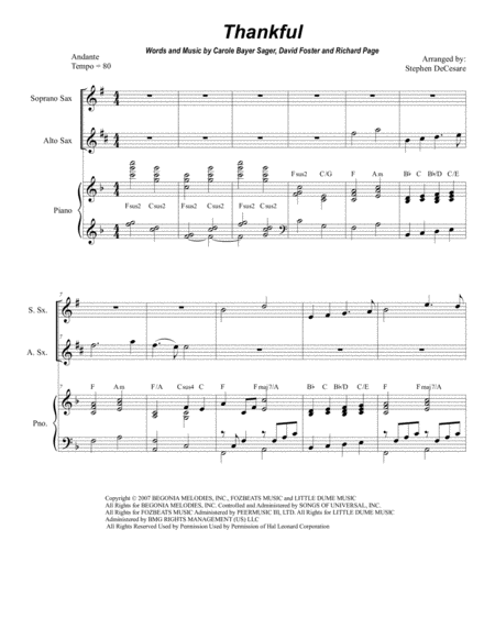 Thankful Duet For Soprano And Alto Saxophone Sheet Music