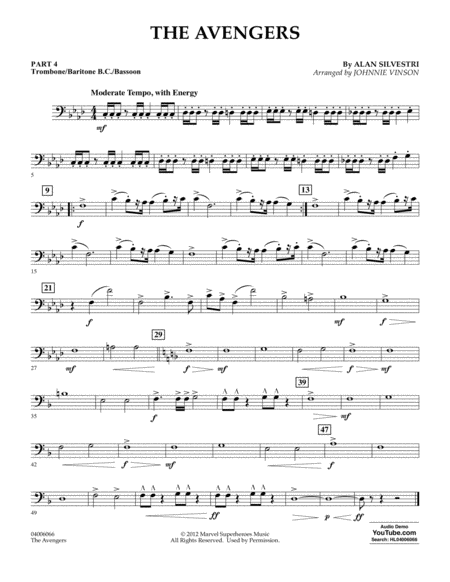 The Avengers Arr Johnnie Vinson Pt 4 Trombone Bar B C Bsn Sheet Music