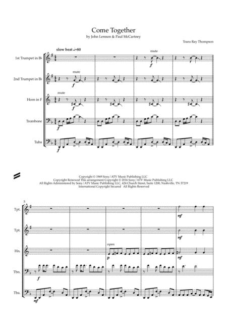 The Beatles Come Together Brass Quintet Sheet Music