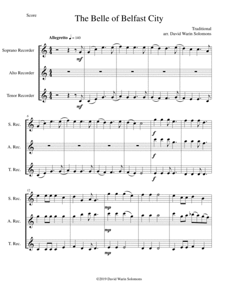 The Belle Of Belfast City I Will Tell My Ma For Recorder Trio Soprano Alto Tenor Sheet Music