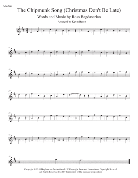 The Chipmunk Song Christmas Dont Be Late Alto Sax Sheet Music