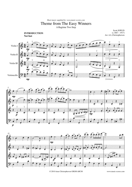 Free Sheet Music The Easy Winners Long Version 3 Violins And Cello