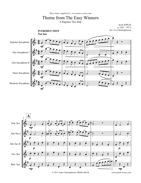 Free Sheet Music The Easy Winners Soprano Sax 2 Alto Sax Tenor Sax Baritone Sax
