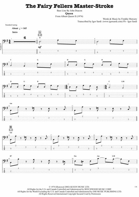 The Fairy Fellers Master Stroke Queen John Deacon Complete And Accurate Bass Transcription Whit Tab Sheet Music