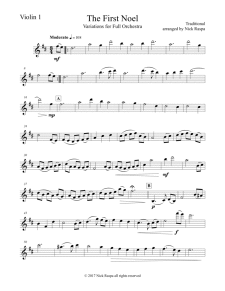 The First Noel Variations For Full Orchestra Violin 1 Part Sheet Music