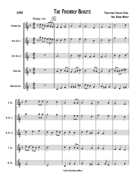 Free Sheet Music The Friendly Beasts Saxophone Quartet Satb Or Aatb