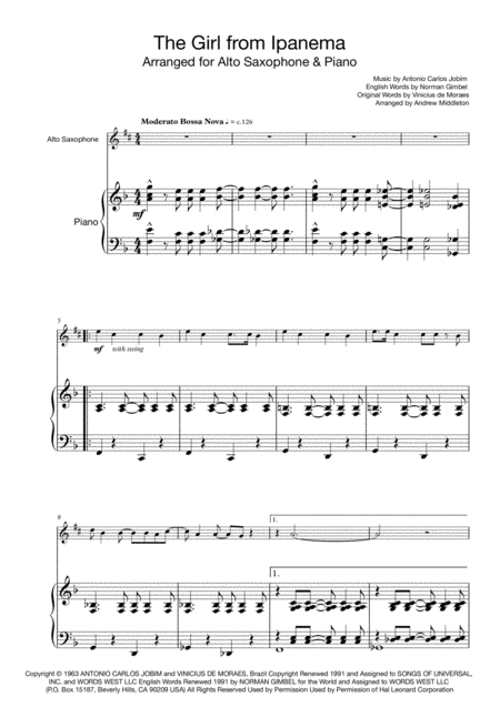 Free Sheet Music The Girl From Ipanema For Alto Saxophone And Piano