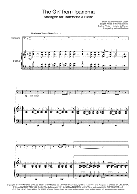 Free Sheet Music The Girl From Ipanema For Trombone Piano