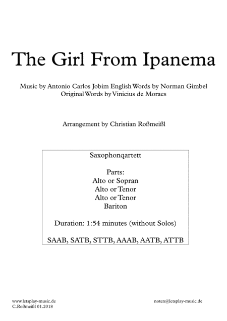 The Girl From Ipanema Garota De Ipanema For Saxophonquartett Sheet Music