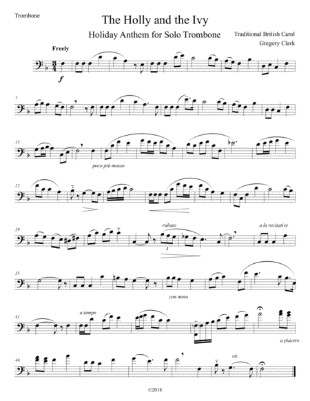 The Holly And The Ivy Holiday Anthem For Solo Trombone Sheet Music