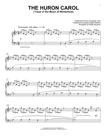 Free Sheet Music The Huron Carol Twas In The Moon Of Wintertime Classical Version Arr Phillip Keveren