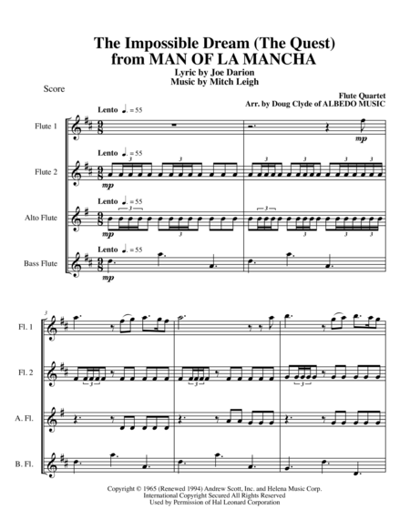 Free Sheet Music The Impossible Dream The Quest From Man Of La Mancha For Flute Quartet