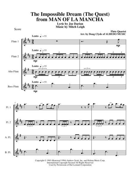 The Impossible Dream The Quest From Man Of La Mancha For Flute Quartet Sheet Music