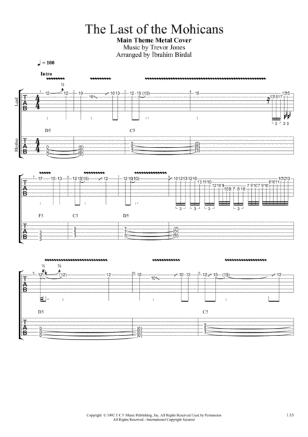 The Last Of The Mohicans Main Theme Electric Guitar Sheet Music