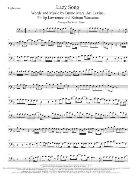 Free Sheet Music The Lazy Song Euphonium