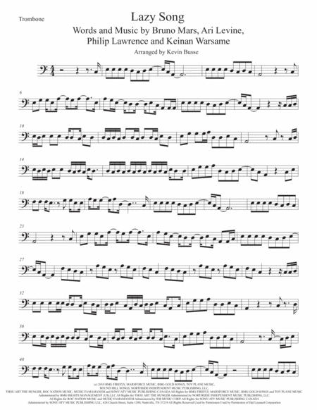 The Lazy Song Trombone Easy Key Of C Sheet Music