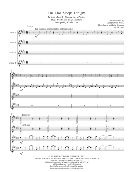 The Lion Sleeps Tonight Guitar Quartet Score And Parts Sheet Music