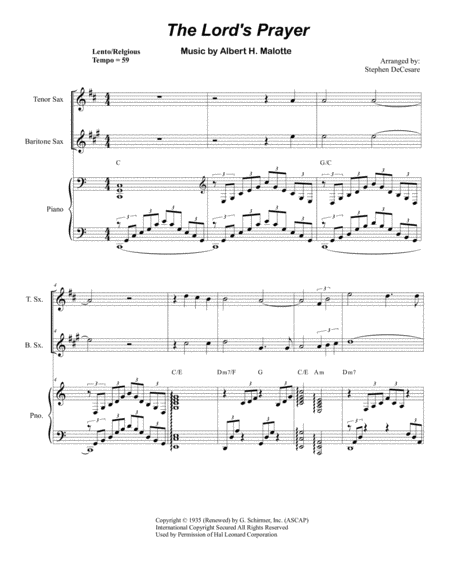 The Lords Prayer For Saxophone Quartet Piano Accompaniment Sheet Music