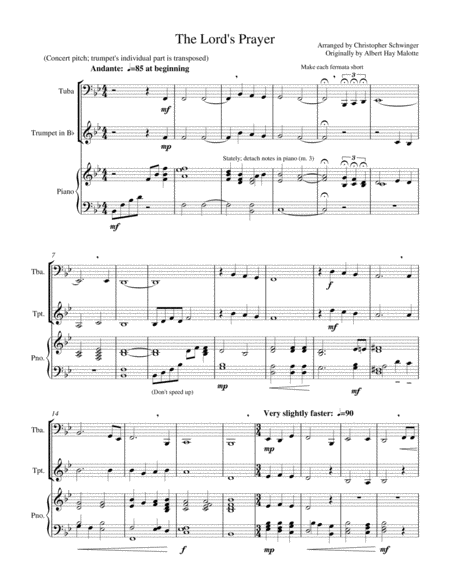 Free Sheet Music The Lords Prayer For Tuba And Piano With Extra Trumpet Accompaniment