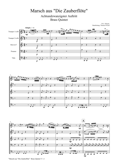 The Magic Flute Mozart March Brass Quintet Sheet Music