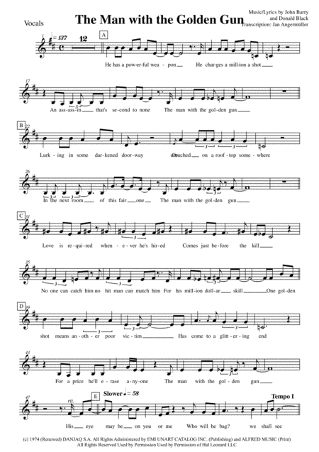 The Man With The Golden Gun For Jazz Combo And Vocals Transcription Of Original Recording Sheet Music