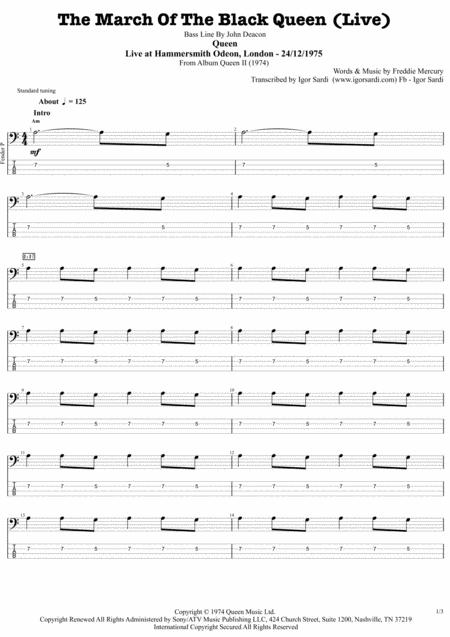 The March Of The Black Queen Live At Hammersmith Odeon 75 Queen John Deacon Complete And Accurate Bass Transcription Whit Tab Sheet Music