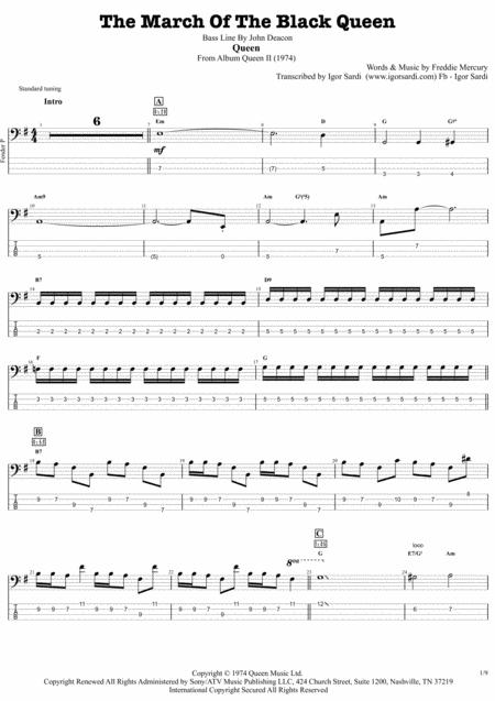 The March Of The Black Queen Queen John Deacon Complete And Accurate Bass Transcription Whit Tab Sheet Music