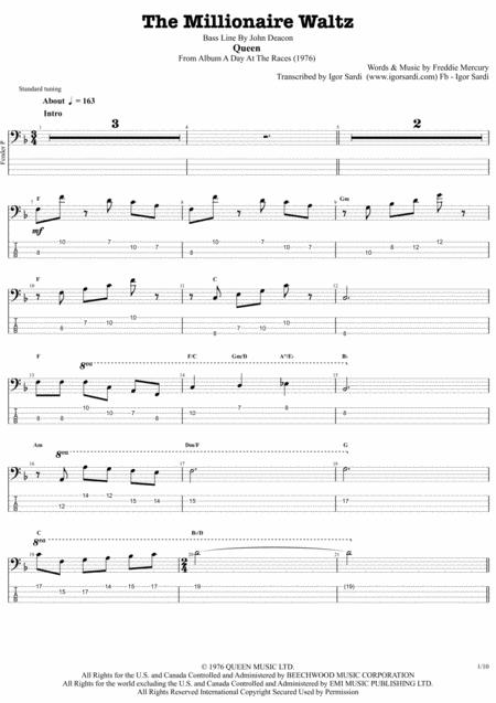 Free Sheet Music The Millionaire Waltz Queen John Deacon Complete And Accurate Bass Transcription Whit Tab