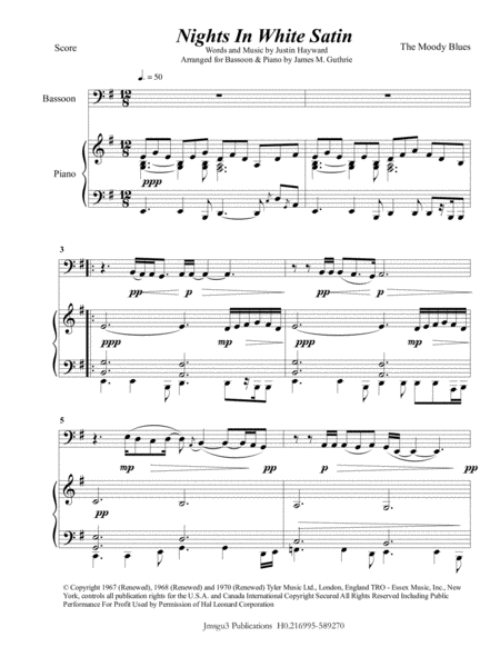 The Moody Blues Nights In White Satin For Bassoon Piano Sheet Music