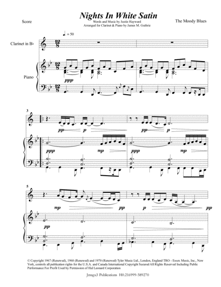 The Moody Blues Nights In White Satin For Clarinet Piano Sheet Music