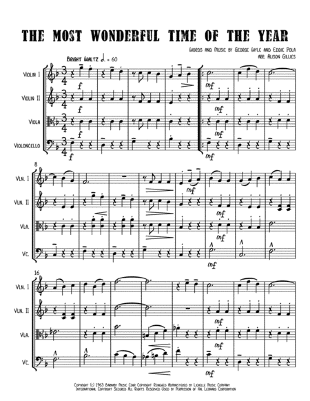 The Most Wonderful Time Of The Year String Quartet Sheet Music