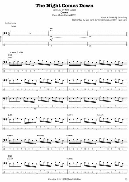 The Night Comes Down Queen John Deacon Complete And Accurate Bass Transcription Whit Tab Sheet Music