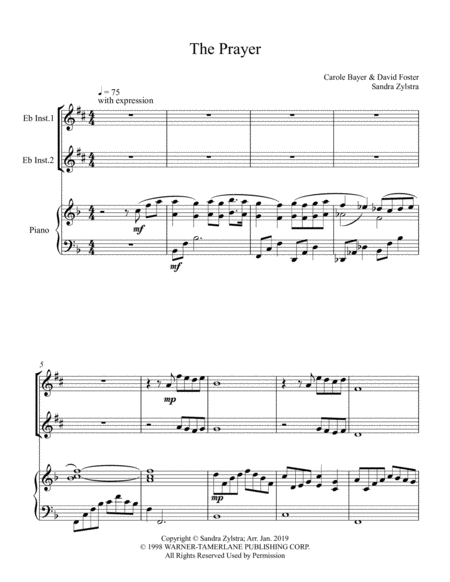 Free Sheet Music The Prayer Treble Eb Instrument Duet