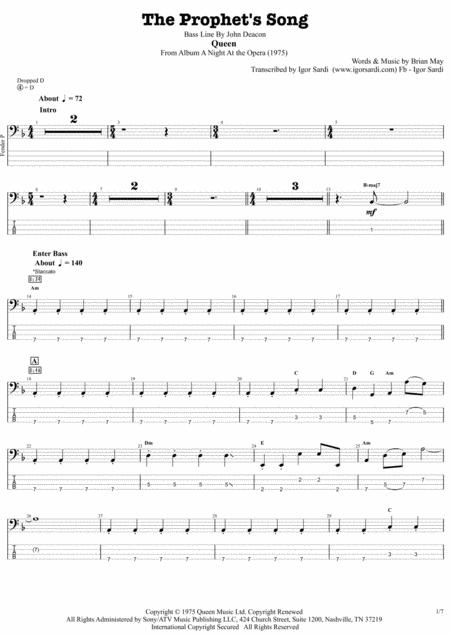 Free Sheet Music The Prophet Song Queen John Deacon Complete And Accurate Bass Transcription Whit Tab