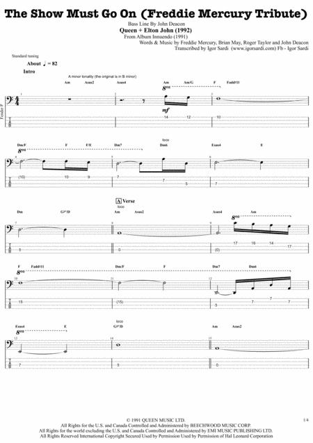 The Show Must Go On Live Freddie Mercury Tribute 92 Queen John Deacon Complete And Accurate Bass Transcription Whit Tab Sheet Music