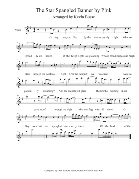 The Star Spangled Banner As Performed By P Nk Voice Choral Sheet Music