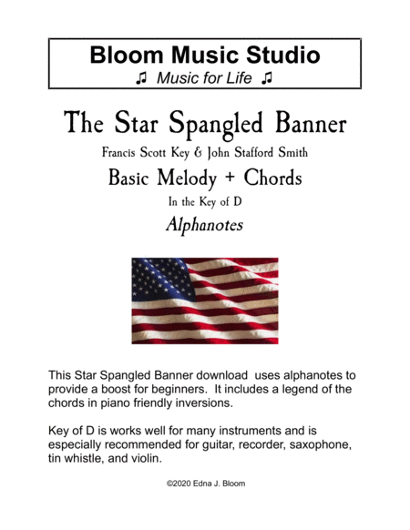 The Star Spangled Banner Key Of D Alphanote Lead Sheet Sheet Music