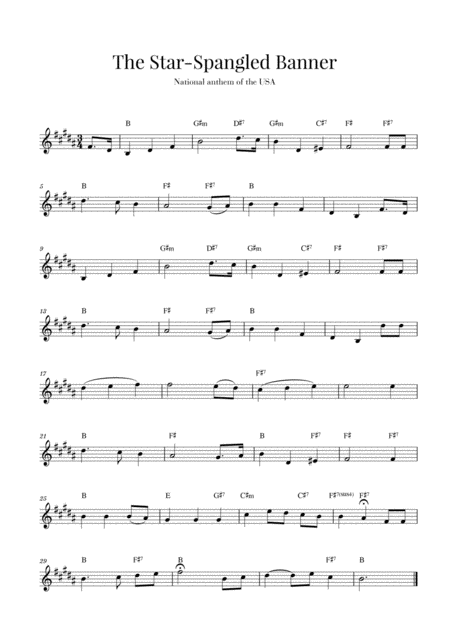 Free Sheet Music The Star Spangled Banner National Anthem Of The Usa B Major