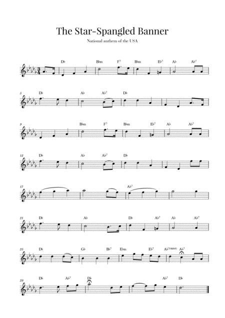 Free Sheet Music The Star Spangled Banner National Anthem Of The Usa D Flat Major